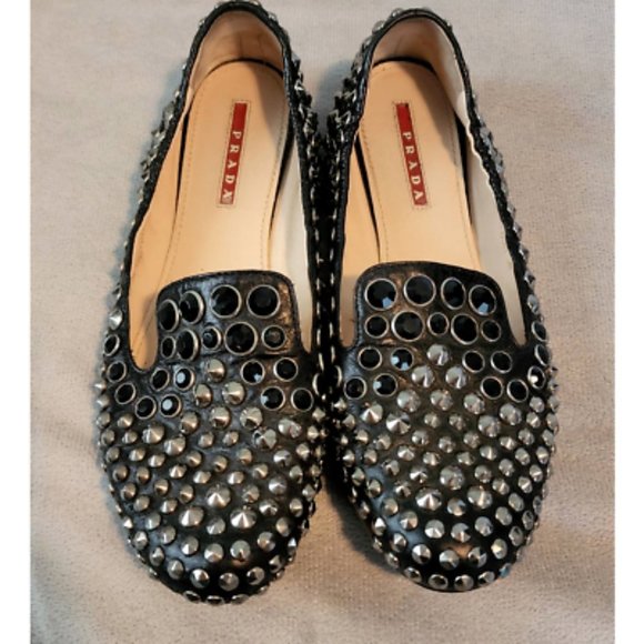 Prada Black Leather Crystal & Studded Embellishment Loafers - Size IT: 38 - Picture 4 of 9